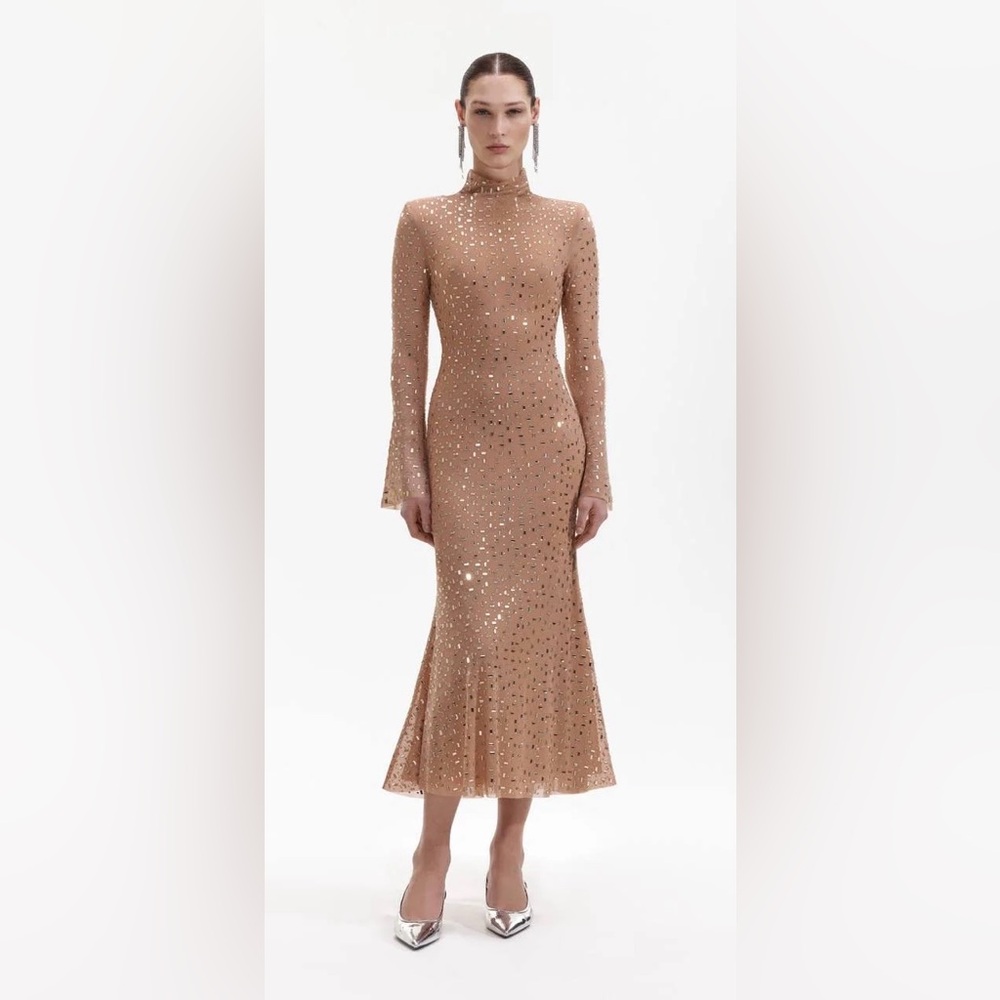 Self-Portrait Gold Rhinestone Mesh Long Sleeve Dress